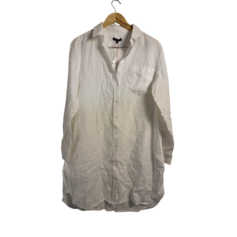 Quince Linen Shirt Dress Large White Long Sleeve Button Down Pockets NWT
